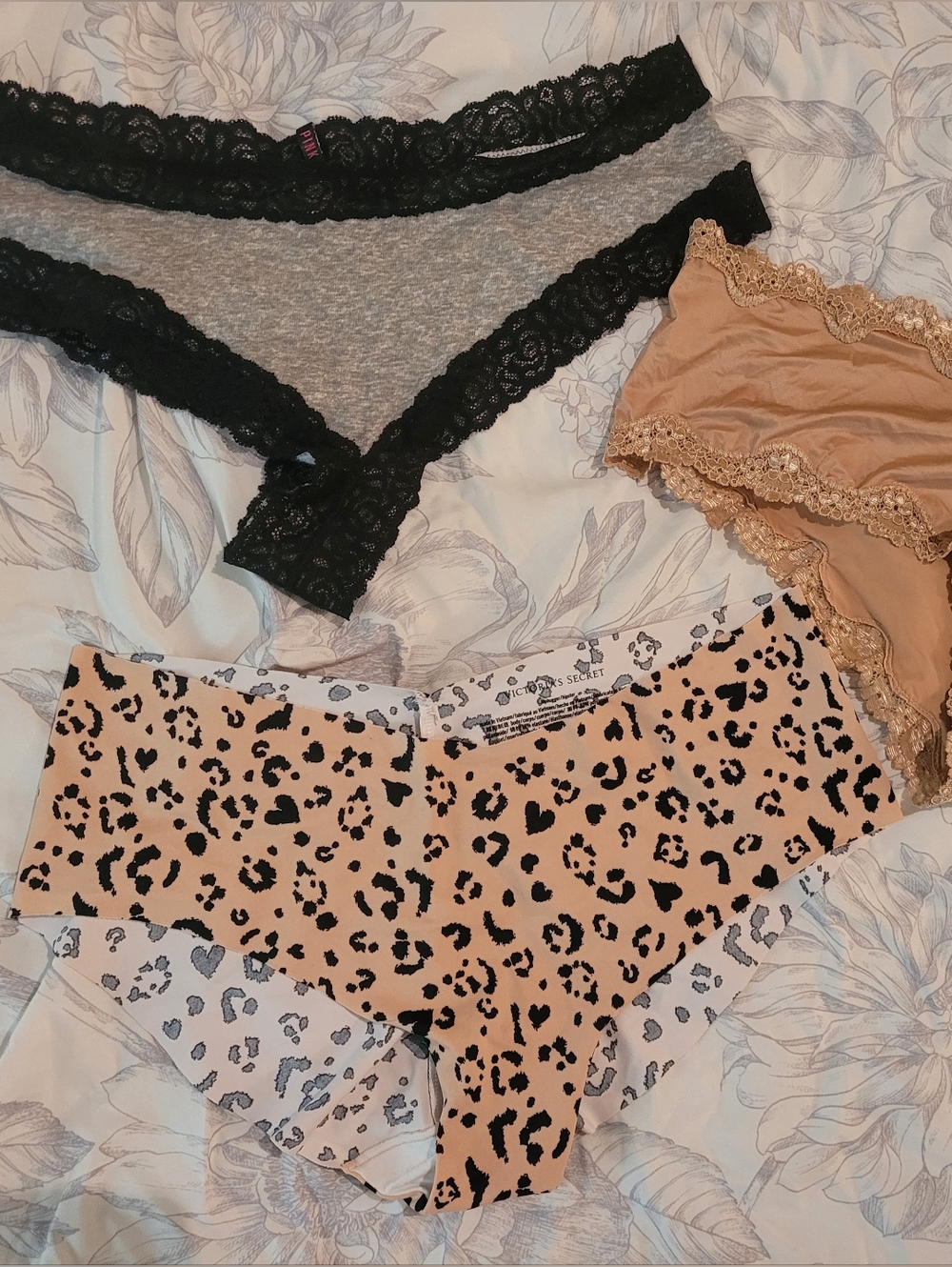 Victoria's Secret Lace-Trim Bikini Trio in Gray, Black, Nude & Leopard